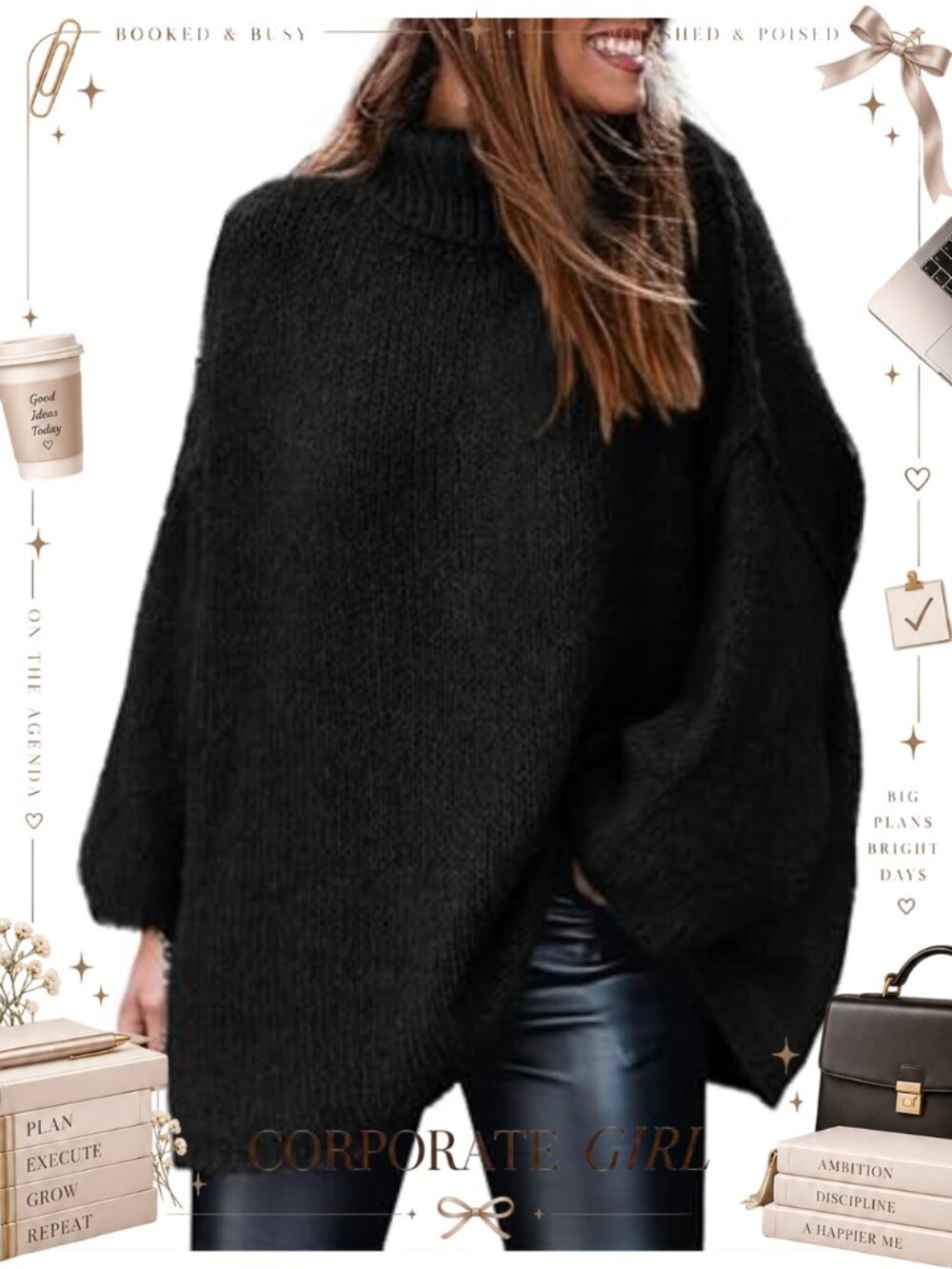 Chunky Knit Turtleneck Pullover Sweater Long Sleeve Slouchy Oversized